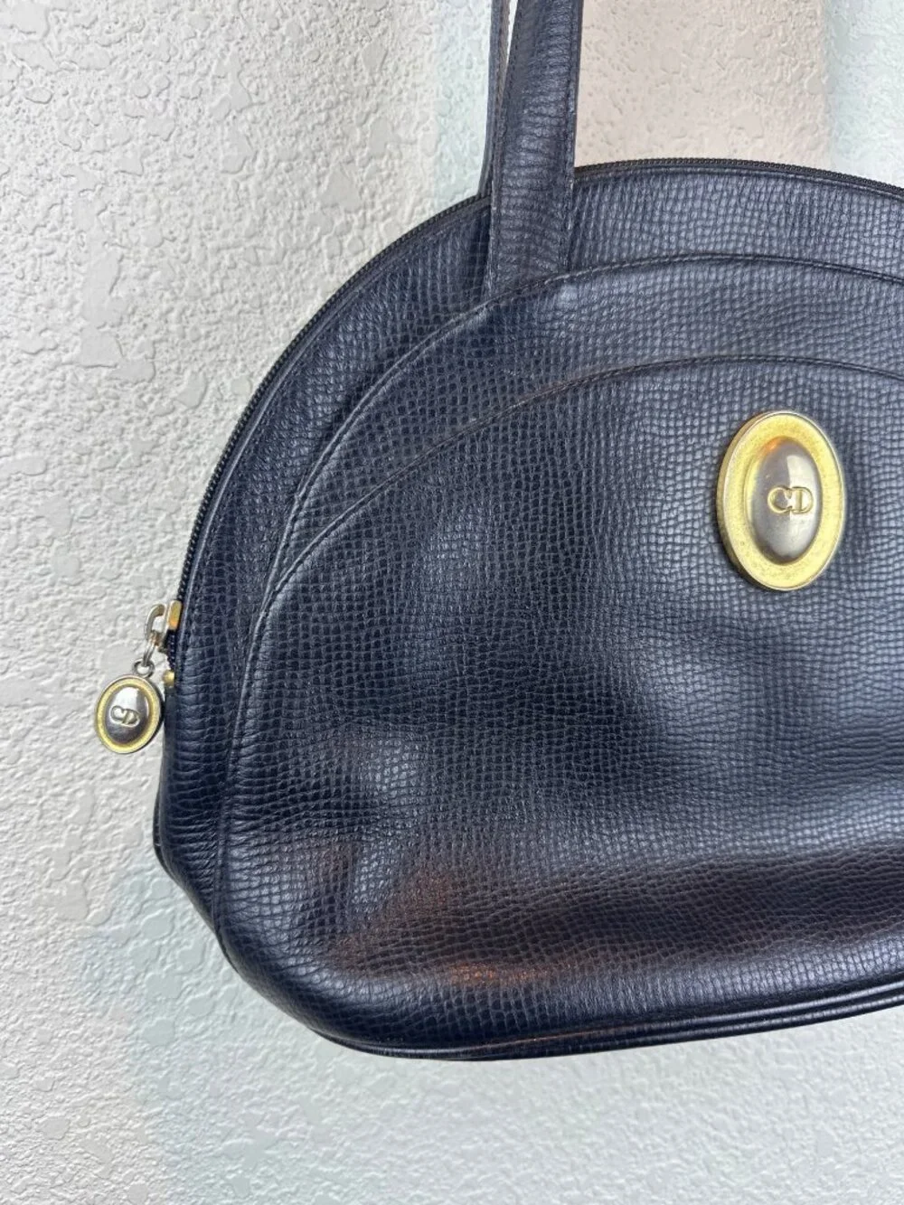 Vintage Christian Dior Navy Leather Shoulder Bag Gold Logo Made in France - Picture 4 of 16